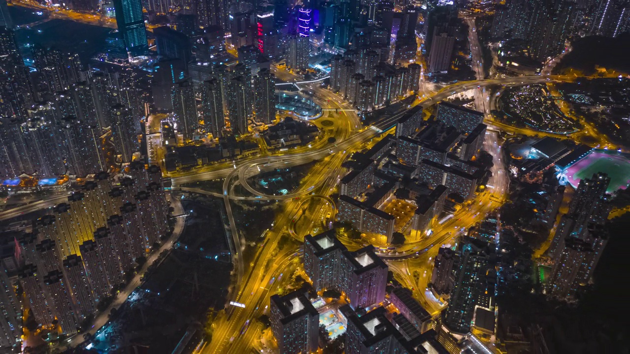 香港城市景观公路的空中夜间超塌视频素材