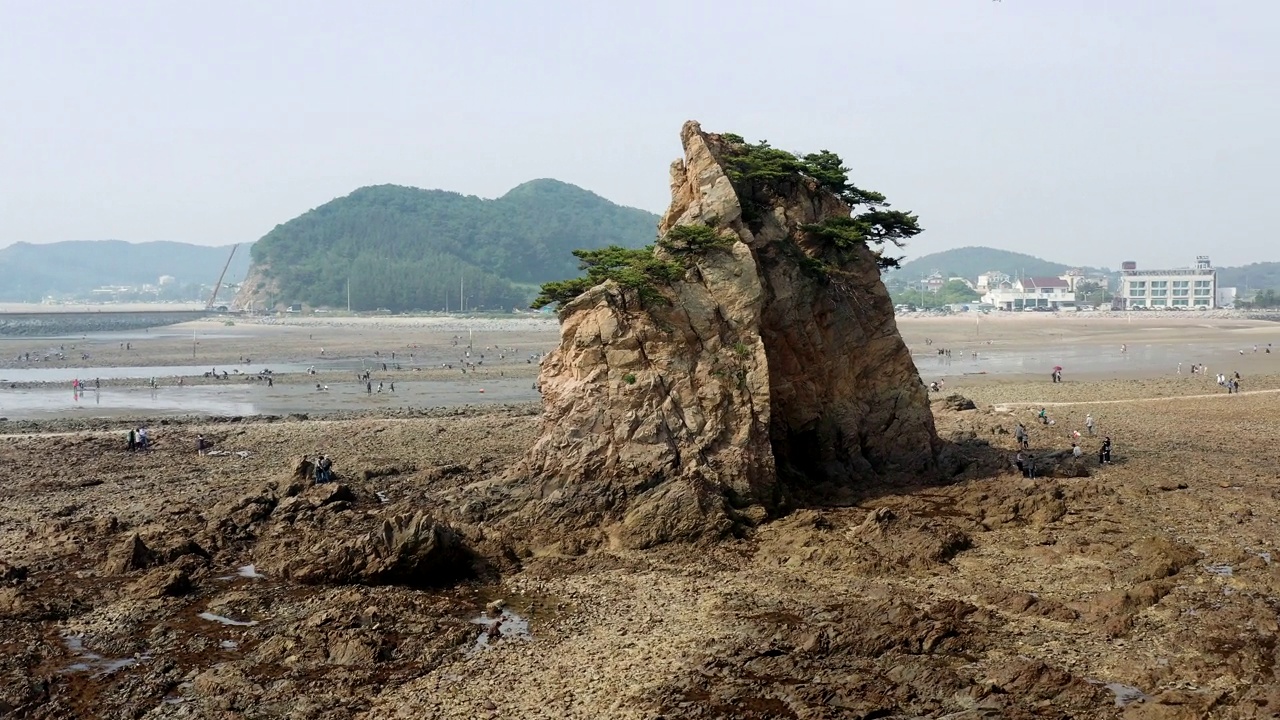 韩国忠清南道泰安郡Kkotji海滩的Halmi和Harabi岩视频素材