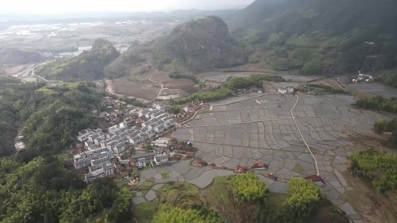 农田和乡村房屋，晴天的林地视频素材