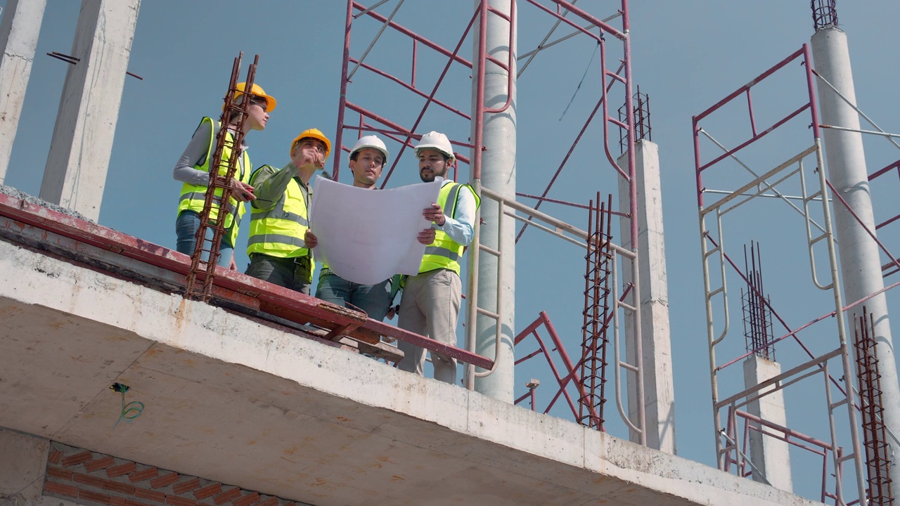 由承包商和建筑师组成的团队，与工头一起向工人解释规划项目的方案和施工现场，并查看蓝图，施工现场，开发和结构。视频素材