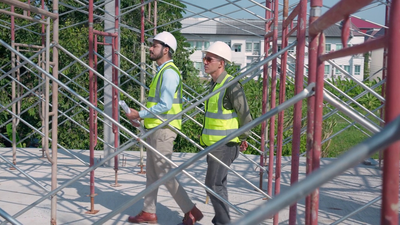 两名建筑师在建筑工地边走边谈开发房地产的规划和调查，承包商或工程师讨论和检查结构现场，工业概念。视频素材