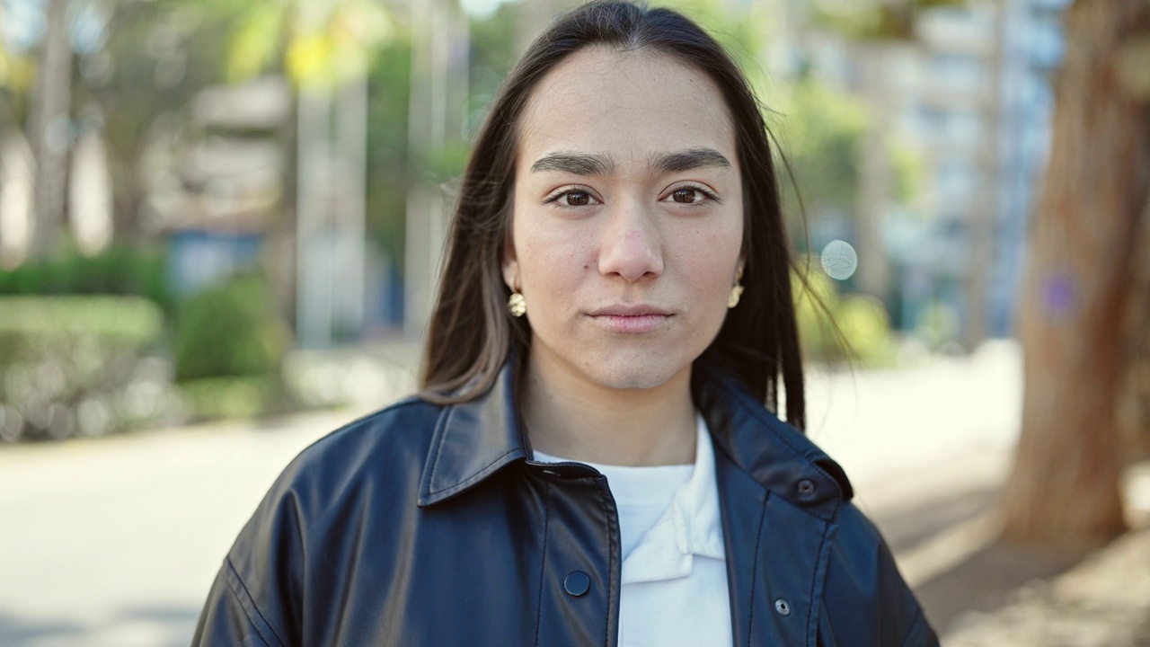 年轻美丽的西班牙女子站在公园，表情严肃视频素材