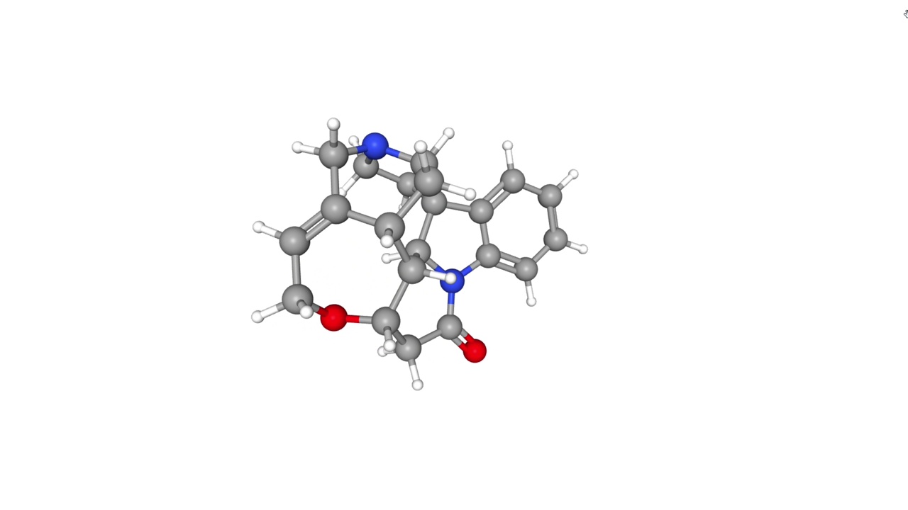 生物碱士的宁的动画三维球棒模型，白色背景视频素材