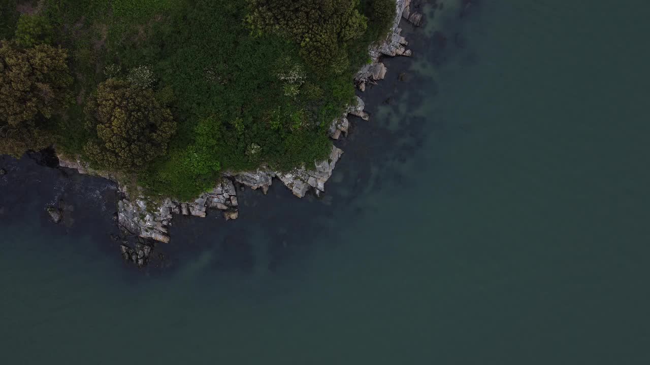 航拍视频显示，海浪拍打着长满绿草的岩石海岸视频素材