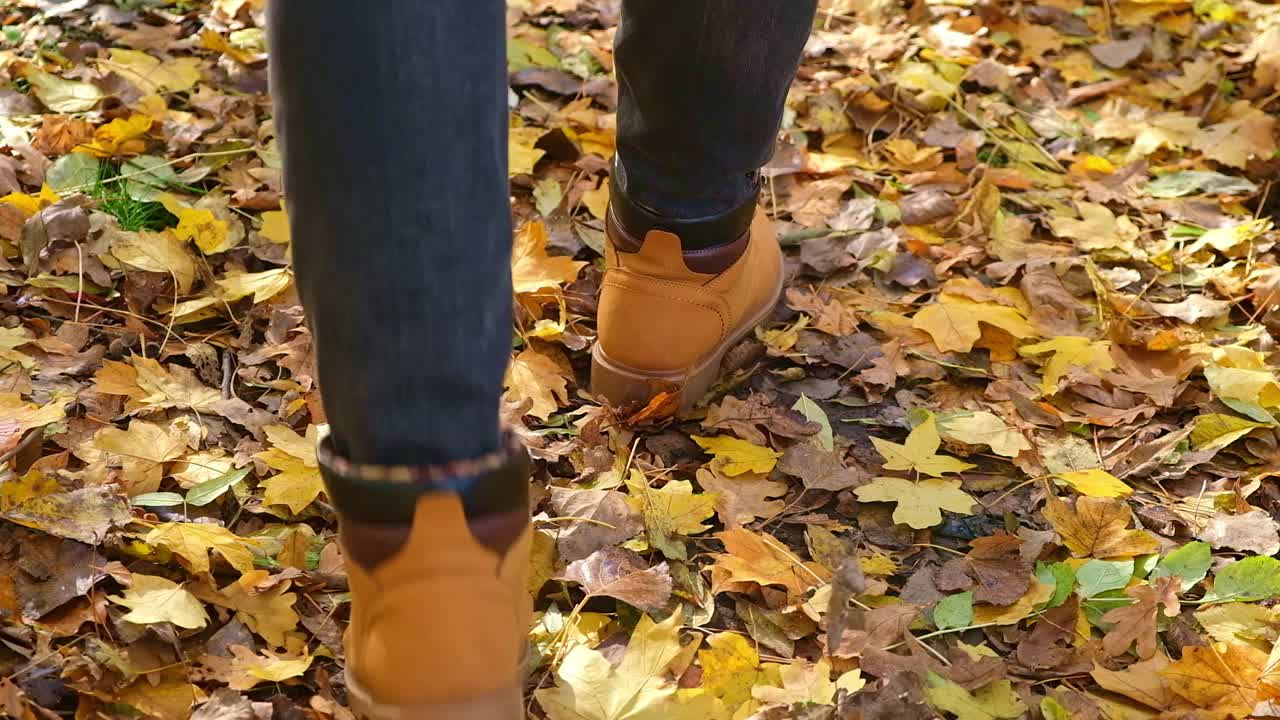 穿着红鞋的男人穿过秋天的森林。橙色的靴子踩在枯黄的落叶上。视频素材