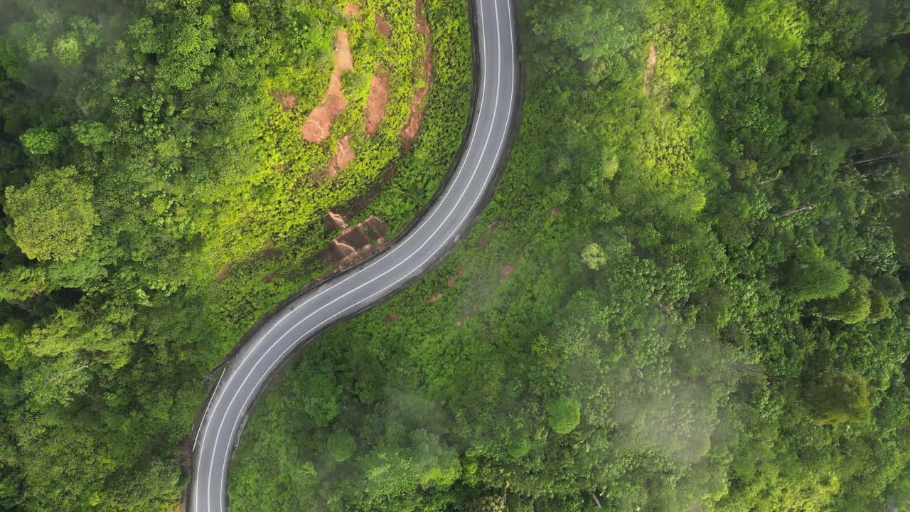 无人机视角乡间清晨蜿蜒的公路视频素材