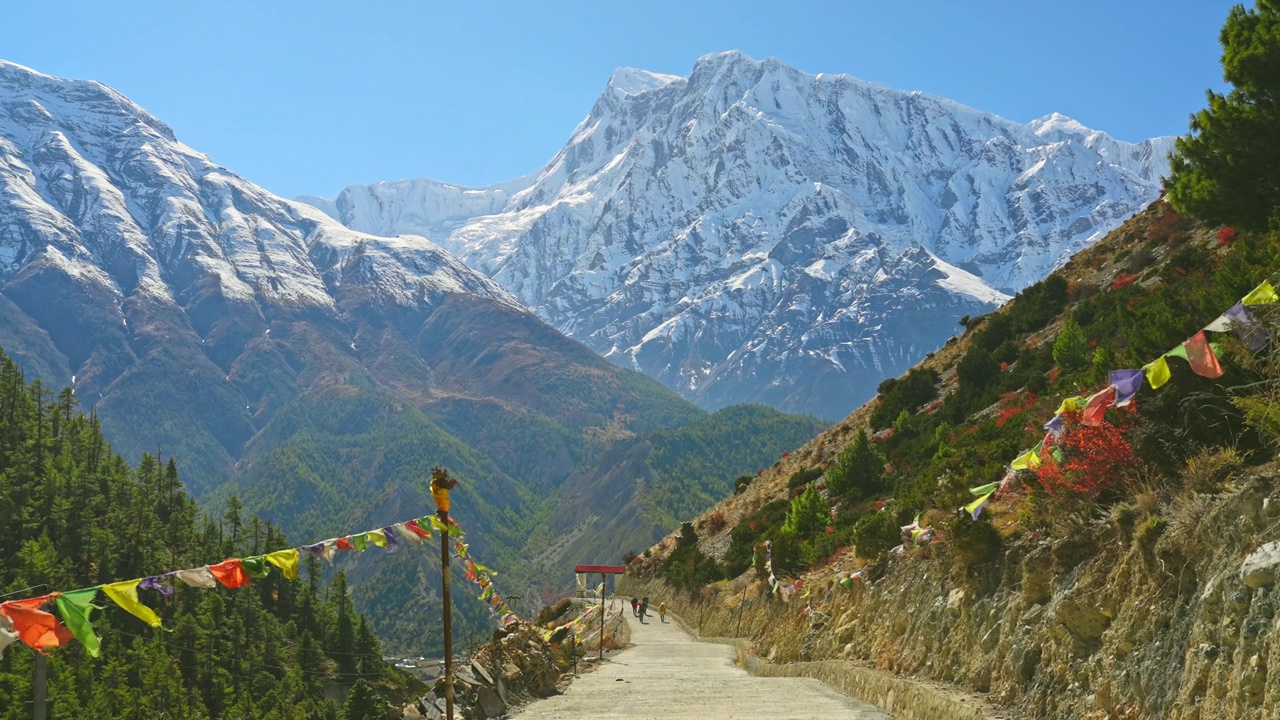 通往尼泊尔安纳普尔纳山脉壮丽景色的道路两旁排列着佛教经幡视频素材