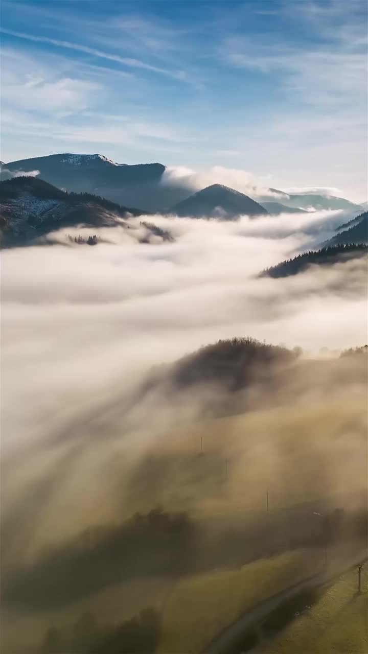 垂直视频神奇的早晨与雾霭运动快速在秋天自然高空时间推移视频素材