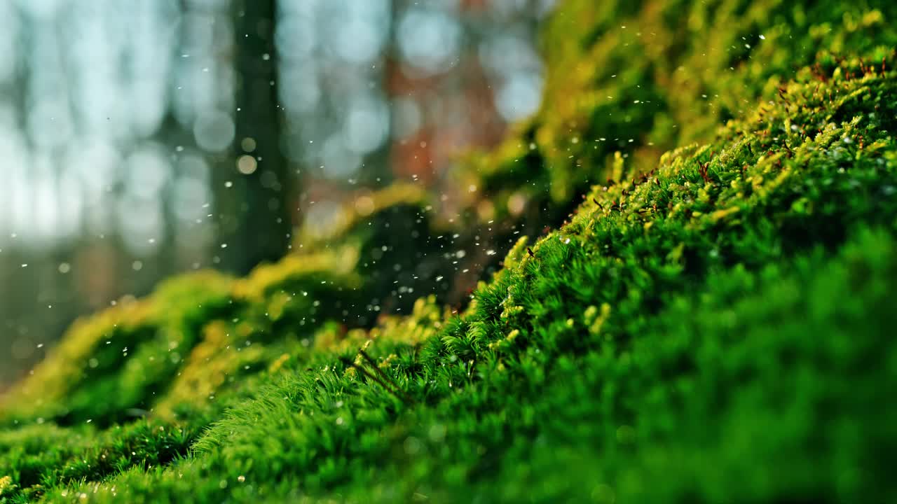 雨点溅在生机勃勃的绿色苔藓上视频素材