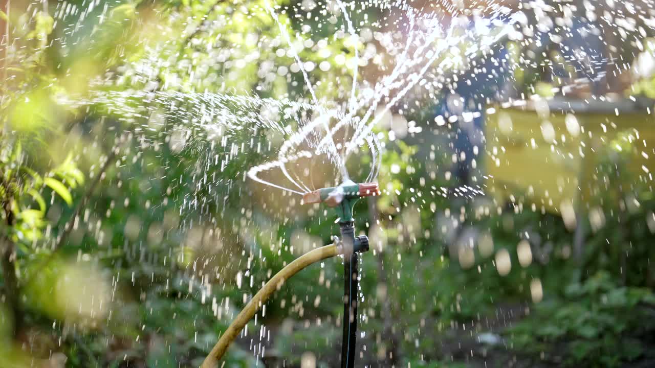 浇灌草坪、草、花和树的花园灌溉系统。喷头旋转，喷水。炎热的夏日。智能园艺护理理念。视频素材