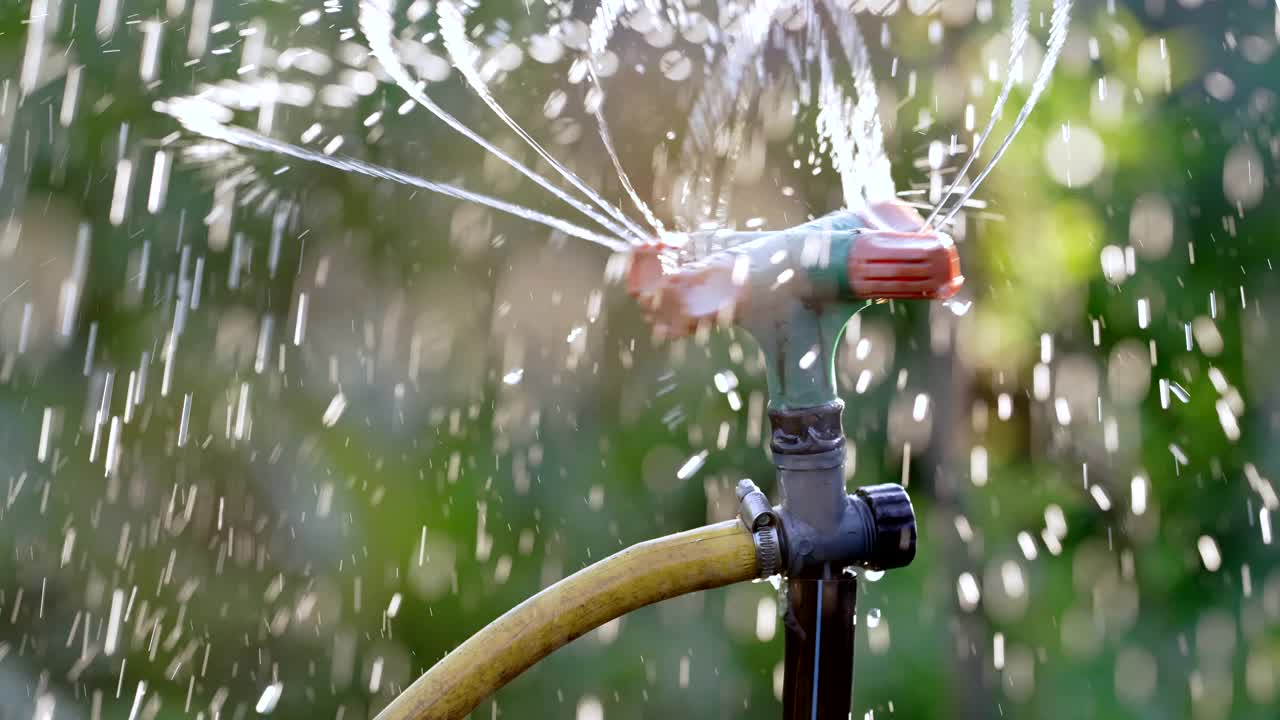 日落自动洒水喷灌设施。给花和树浇水。智能园林护理和园艺概念。视频素材