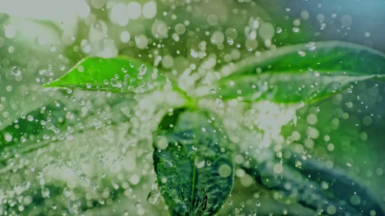 雨滴落在散焦的绿色植物上。大雨视频素材