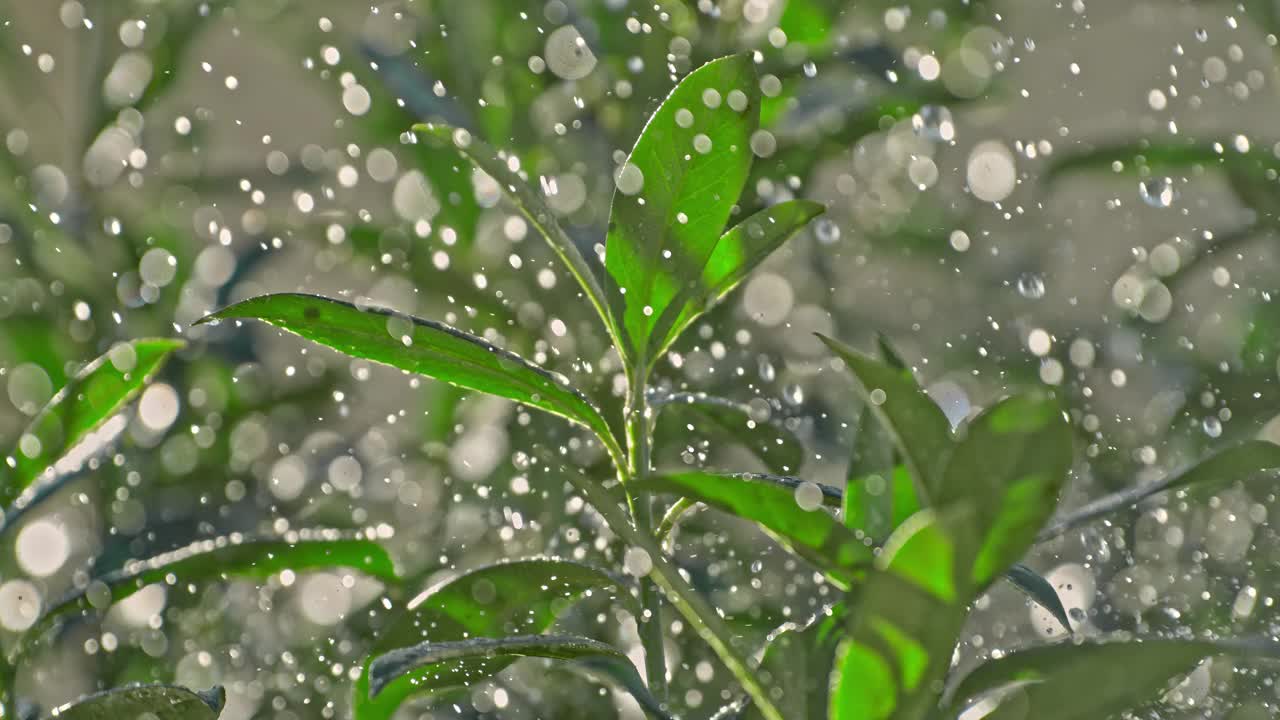 减缓水滴落在植物上的速度。暴雨视频素材