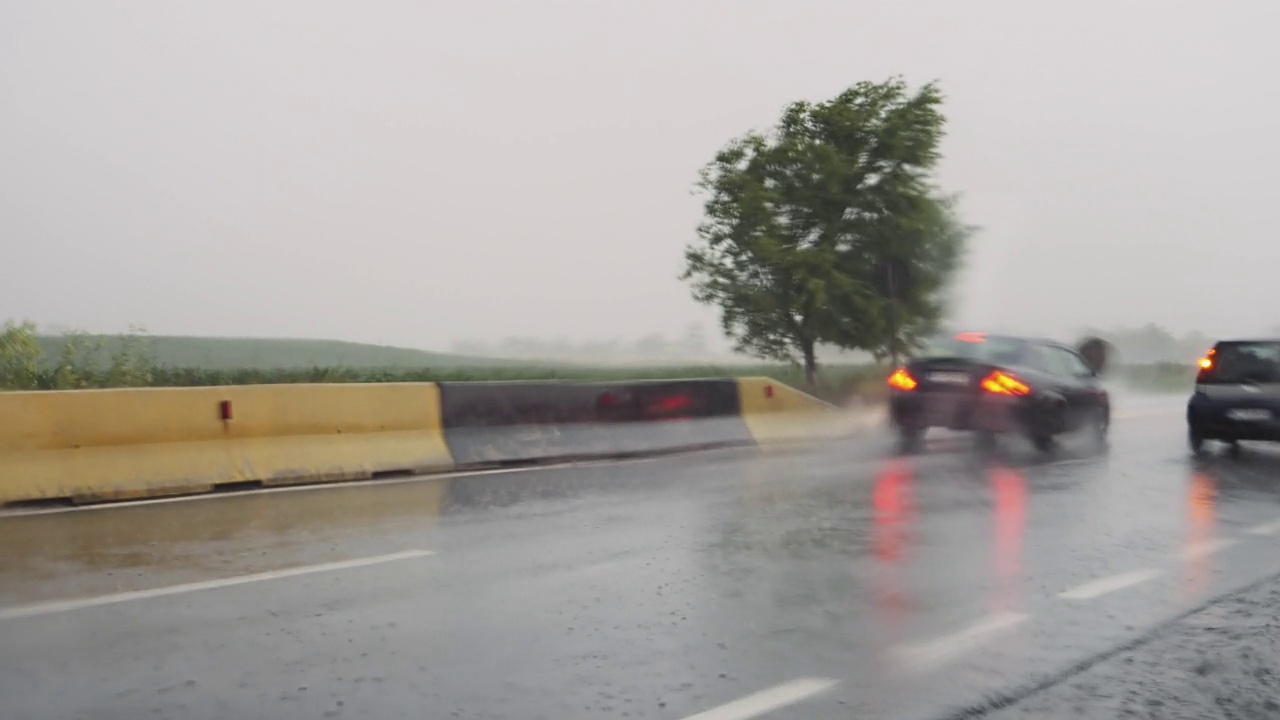 从路边的一辆车里看下大雨的交通。视频素材