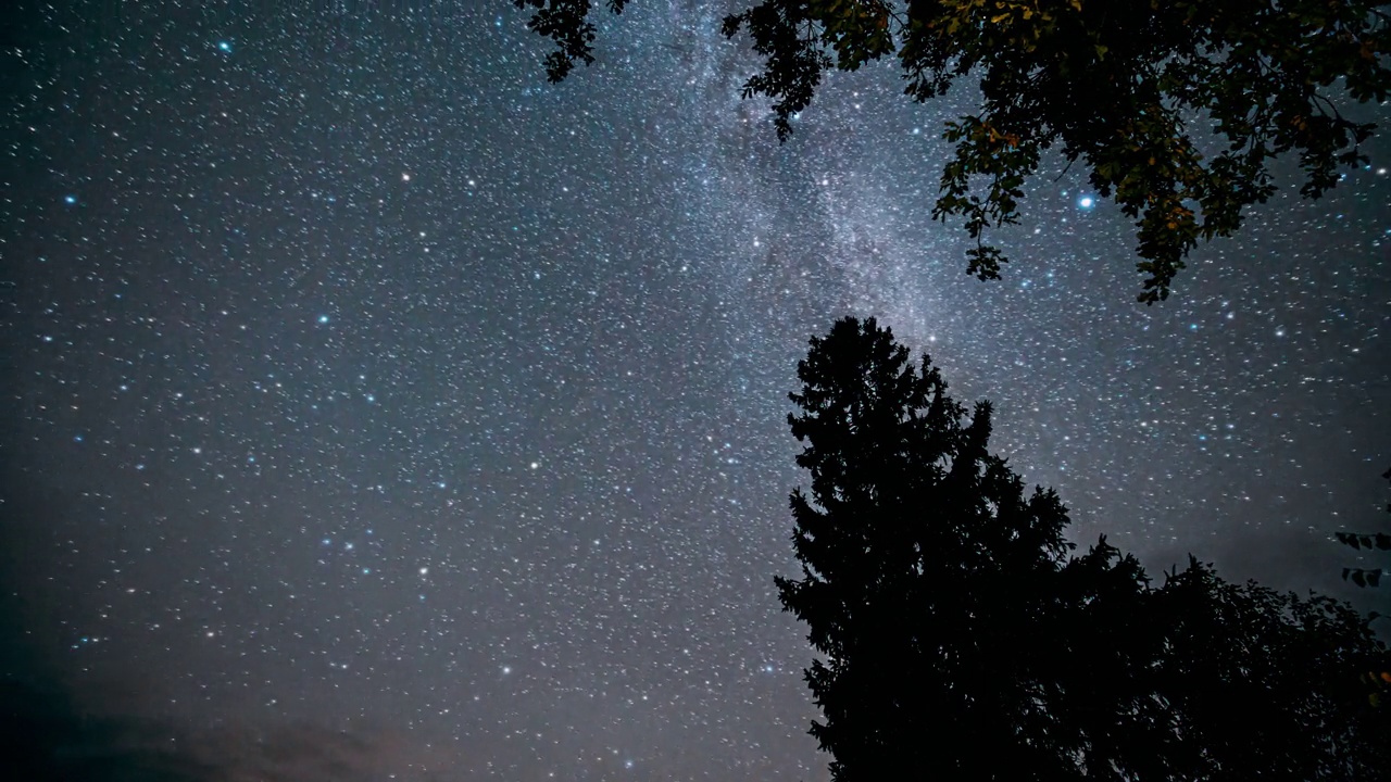 4k时间间隔惊人的星星在天空。从地面向下看。真正的彩色夜星。夜晚星空与发光的星星和流星轨道在树上。明亮的蓝色。延时，延时视频素材