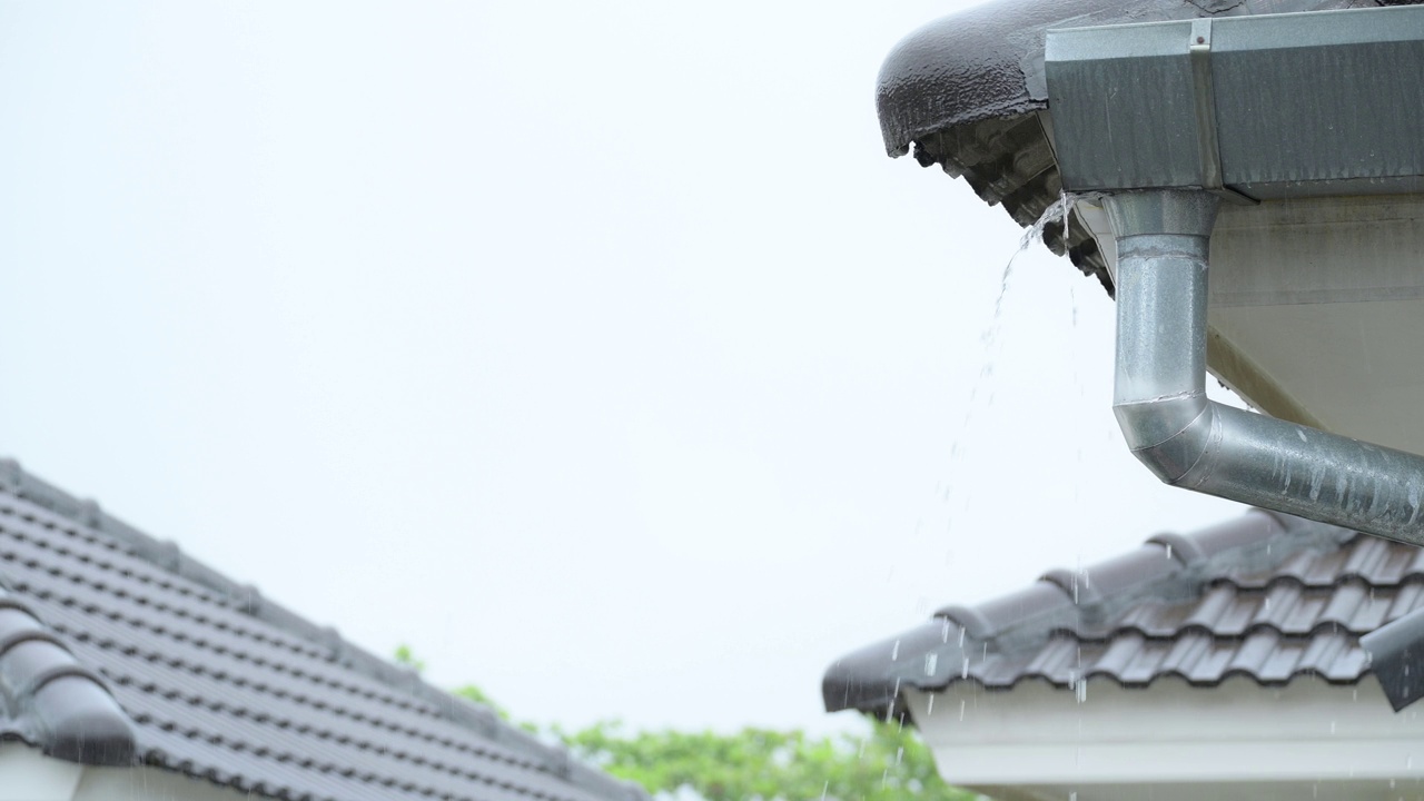 4K雨季场景，大雨倾泻在排水沟屋顶上的房子视频素材