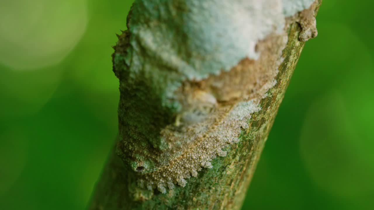 近距离苔藓叶尾壁虎伪装在一棵树上，马达加斯加。Uroplatus sikorae视频素材