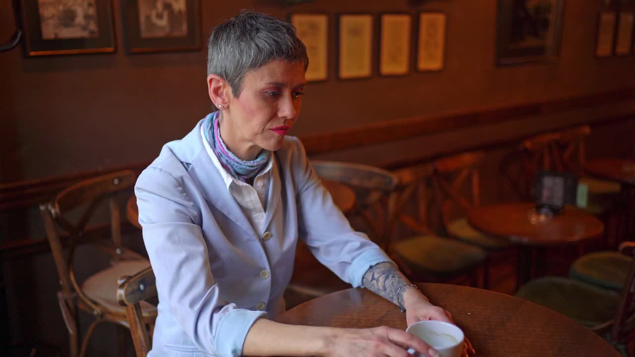 Worried woman sitting alone at the café视频素材