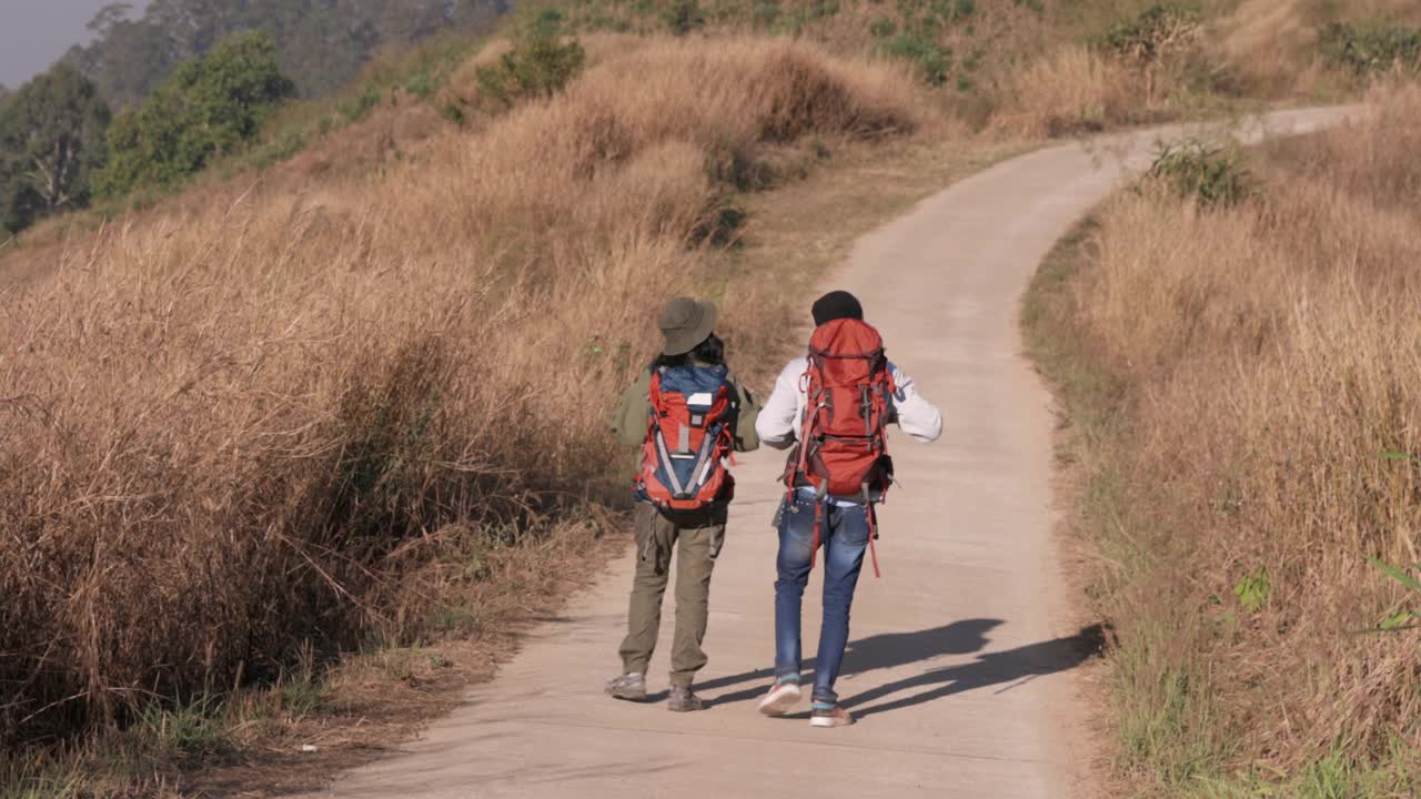 男性和女性亚洲旅行者徒步登山的后视图视频素材