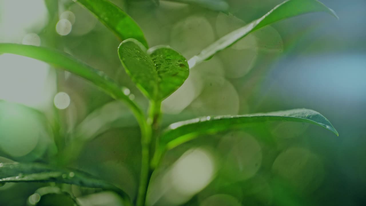 雨滴落在绿色植物上。暴雨视频素材