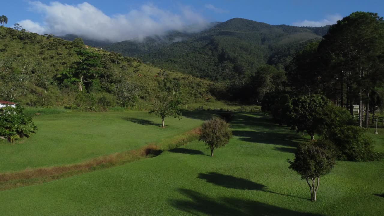 圣保罗Vale da Paraíba的Tremenbé充满自然和牧场的美丽森林鸟瞰图。晴天的群山。大量的绿色和热带植被。嗡嗡声视频素材