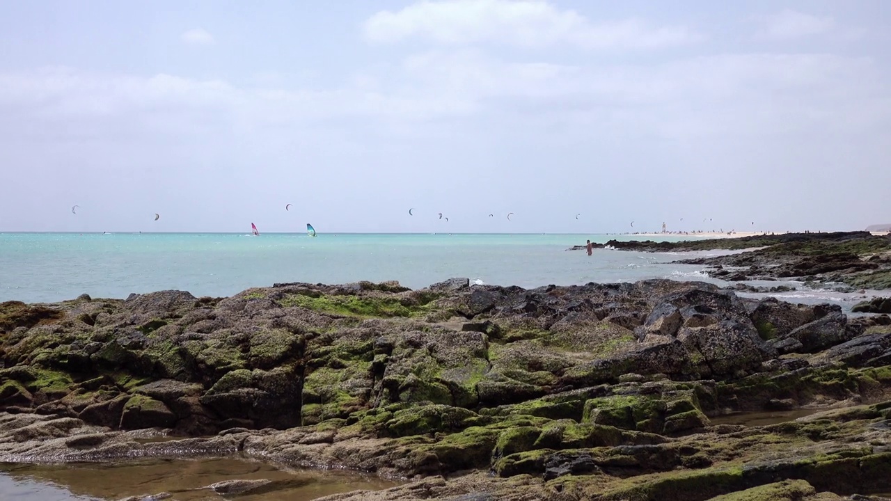 西班牙富埃特文图拉岛海岸线的壮丽全景，蔚蓝的海水和原始的海滩视频素材