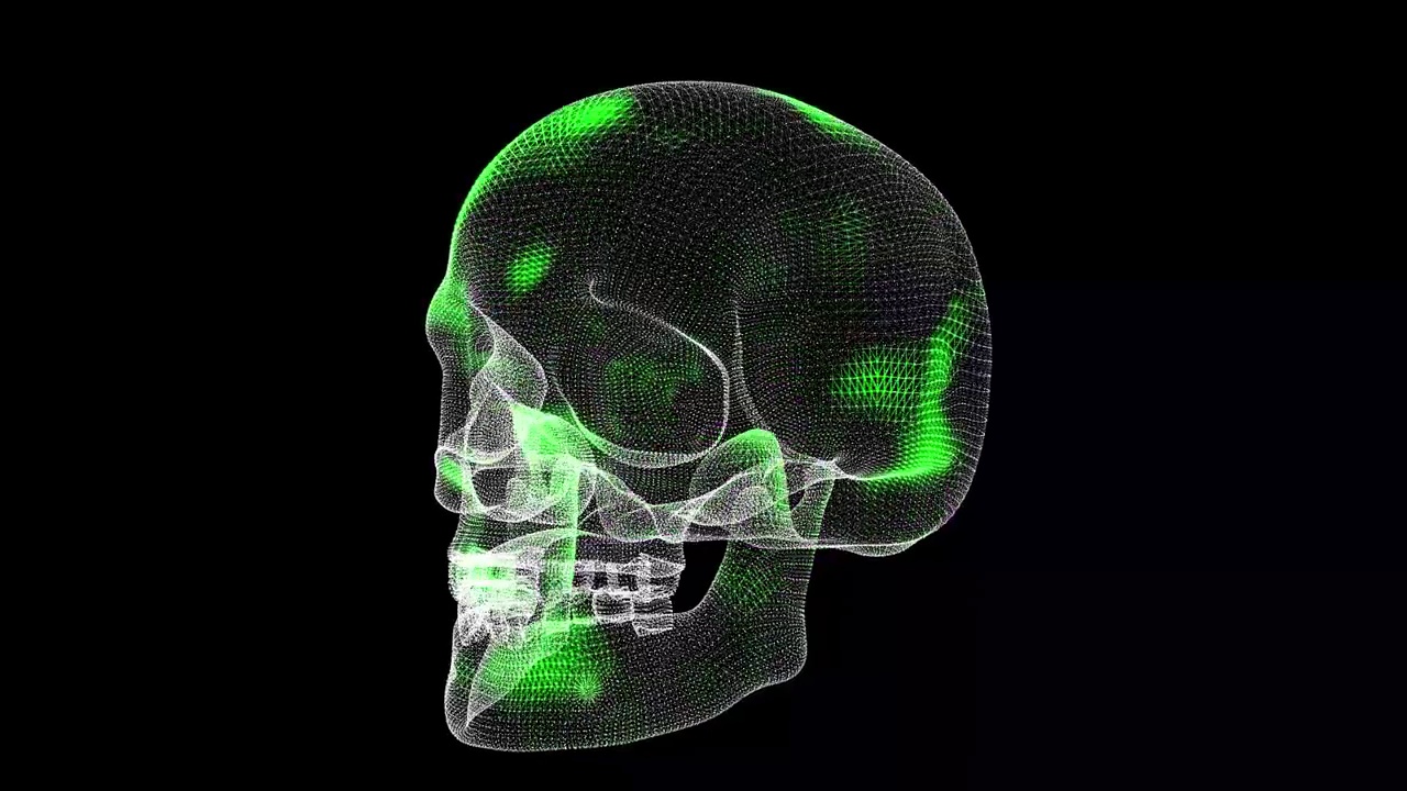 通过黑色背景上的3D头骨旋转传播反病毒。证明病毒已经治愈了医学概念。身体的扫描和治疗。三维动画视频素材