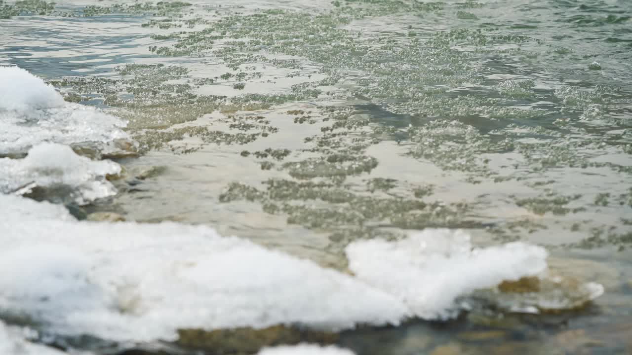 冬季河流表面与雪晶体和冰漂浮在水上-特写细节视频素材