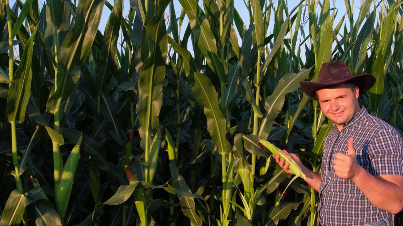 日落时分，一个农民在玉米地里。农夫穿着条纹衬衫，竖起大拇指。视频素材