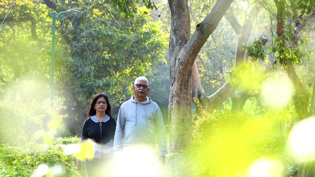 穿着运动服的活跃老年夫妇在公园散步视频素材