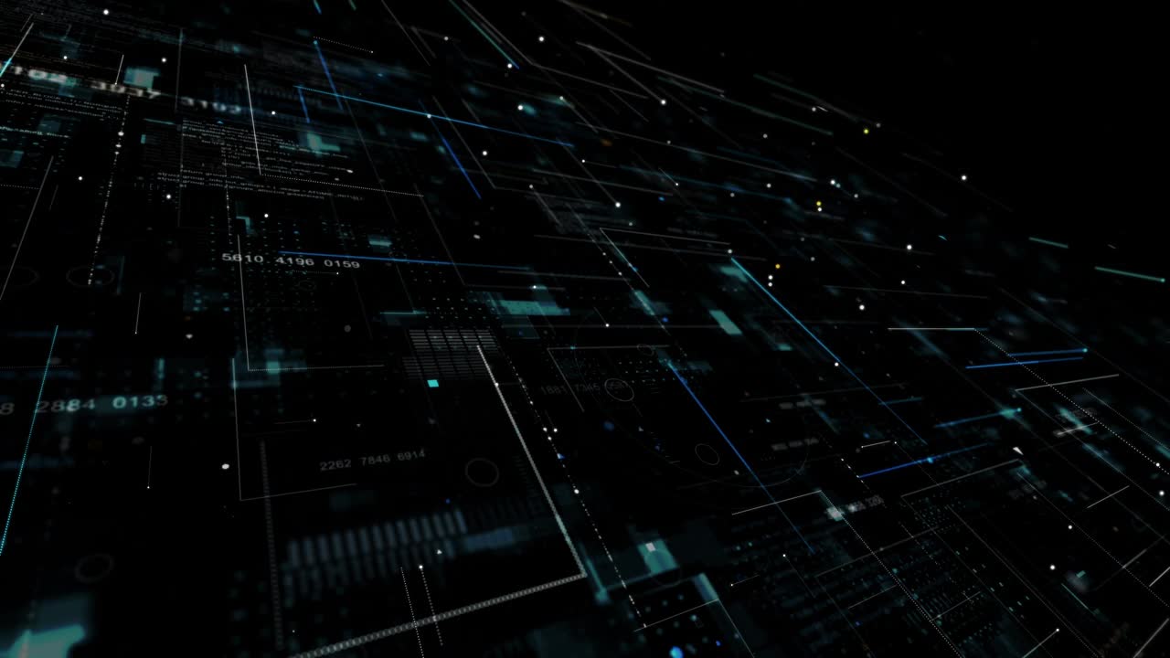 运动图形的蓝色数据矩阵模拟数字线和网格透视技术与未来的HUD屏幕上的黑色背景抽象背景概念视频素材