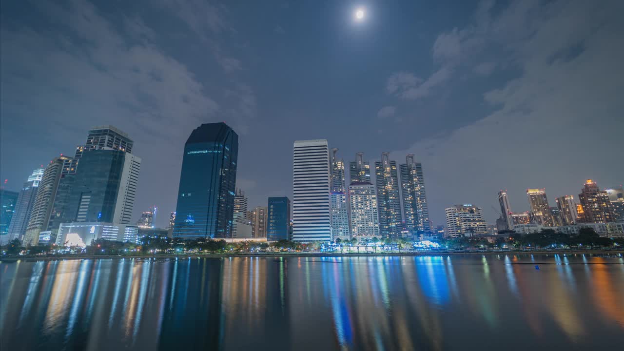 曼谷城市的摩天大楼沿着Benchakitti公园和素坤逸城市天际线，夜景的时间流逝，云，曼谷，泰国视频素材