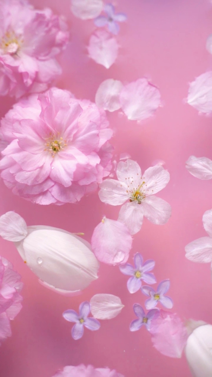 樱花、郁金香花瓣和丁香花漂浮在水面上视频素材