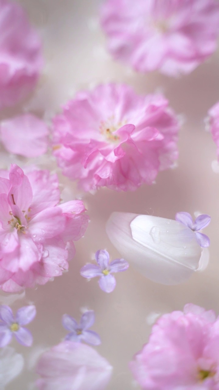 樱花、郁金香花瓣和丁香花漂浮在水面上视频素材