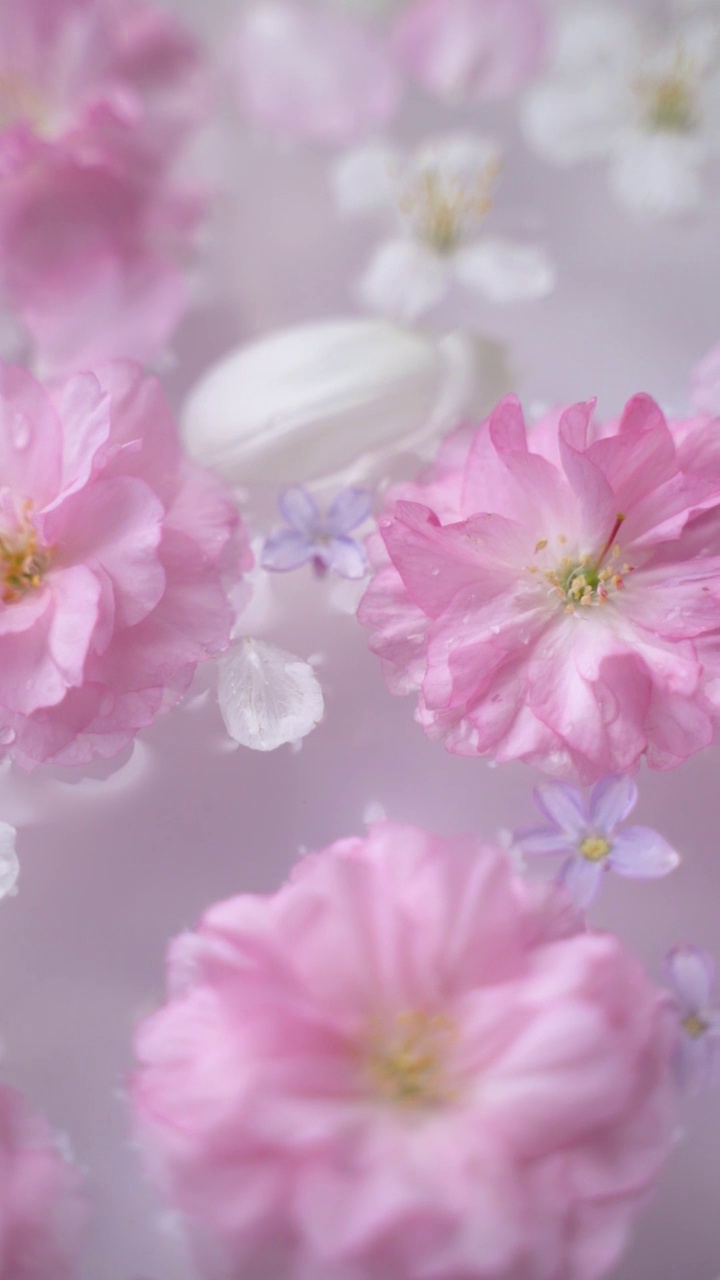 樱花、郁金香花瓣和丁香花漂浮在水面上视频素材