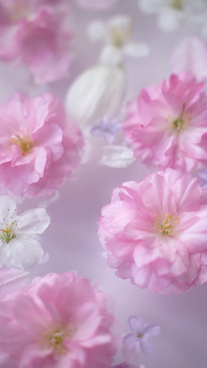 樱花、郁金香花瓣和丁香花漂浮在水面上视频素材