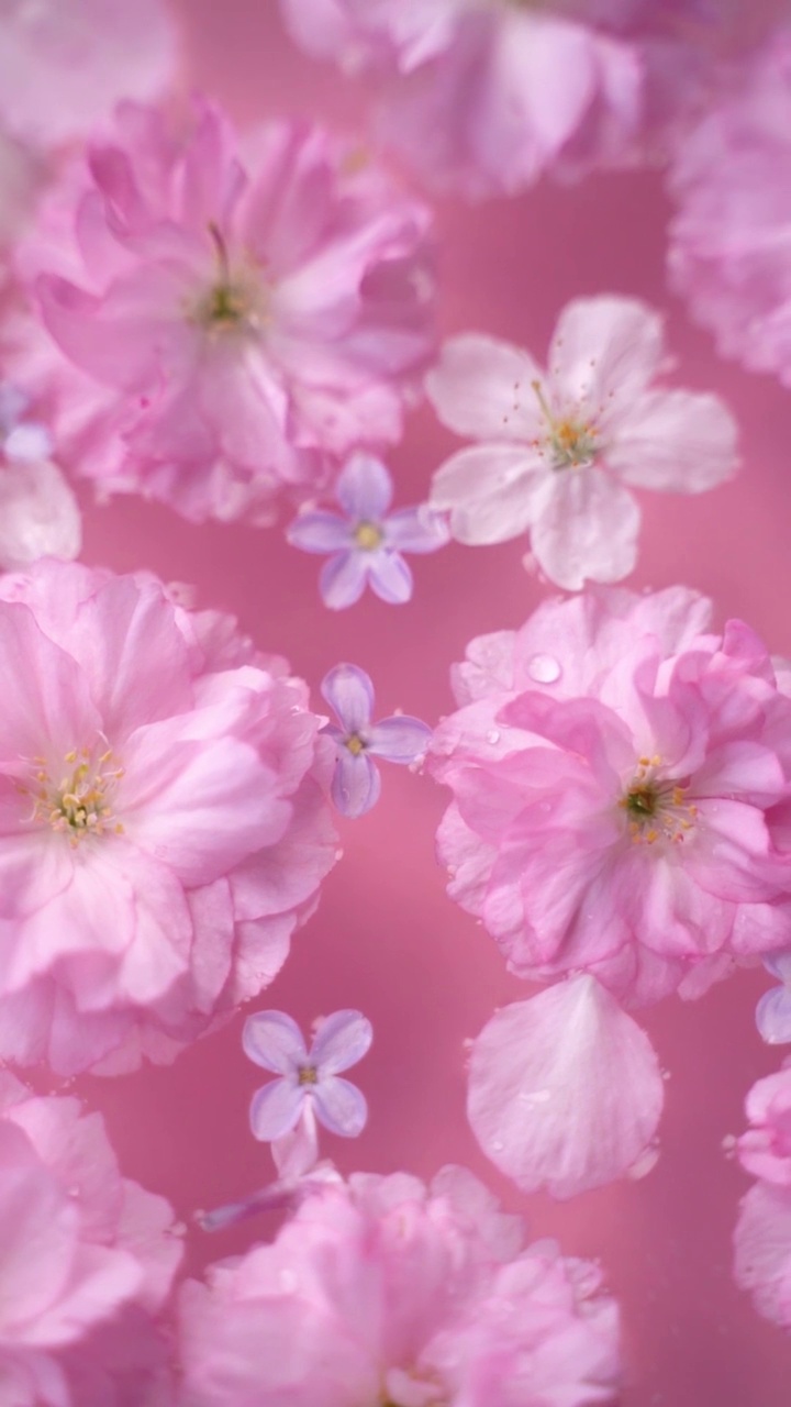 樱花、郁金香花瓣和丁香花漂浮在水面上视频素材