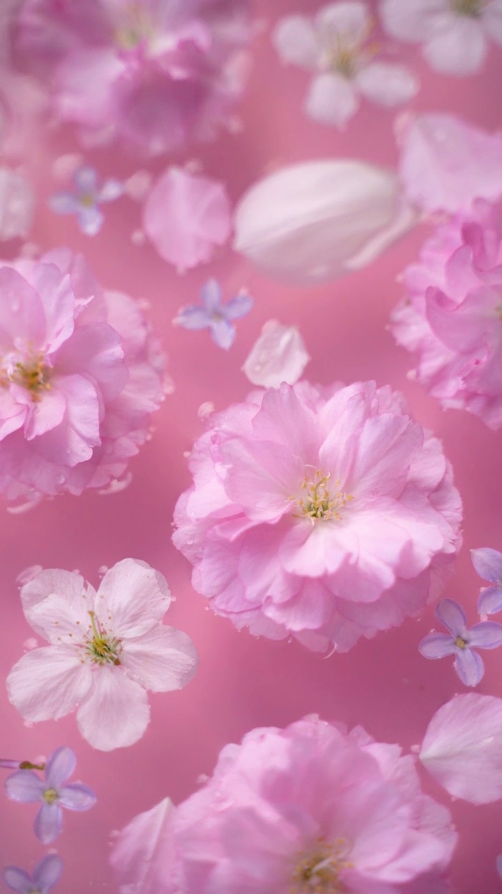 樱花、郁金香花瓣和丁香花漂浮在水面上视频素材