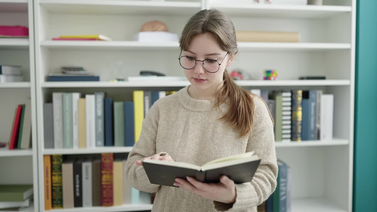 年轻的金发女学生在图书馆大学读书做沉默的手势视频素材