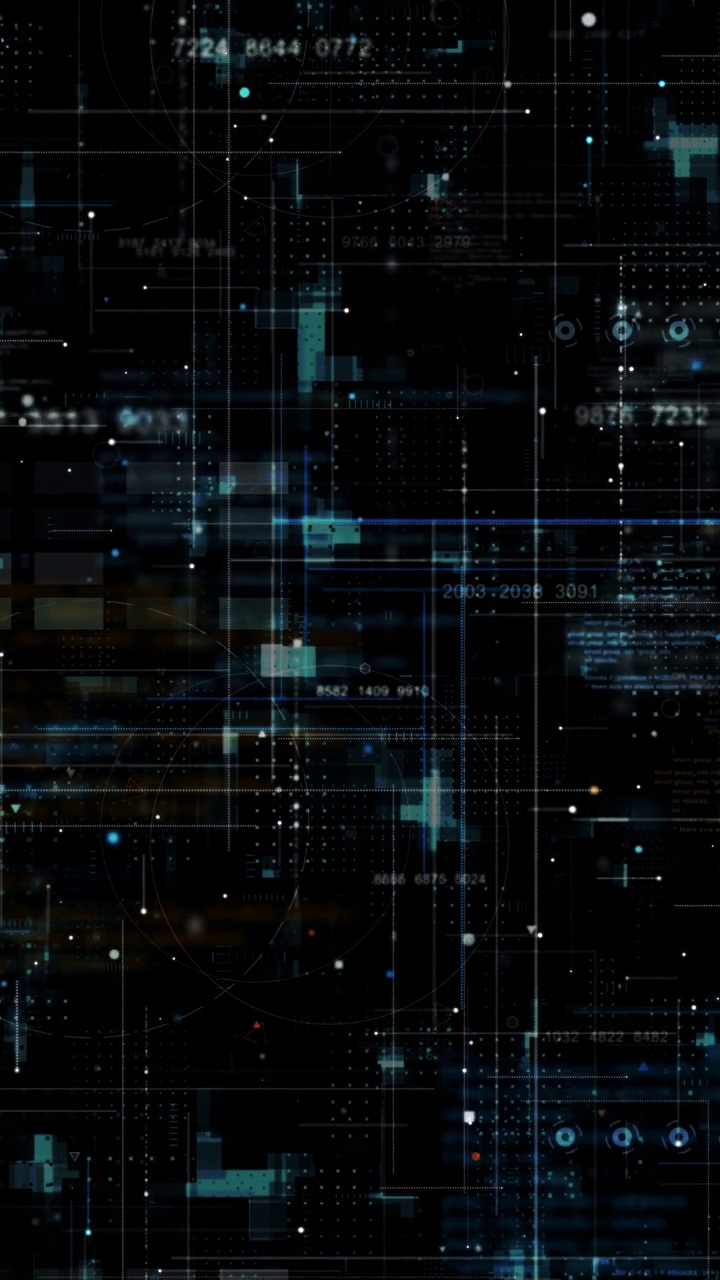 运动图形的蓝色数据矩阵模拟数字线和网格技术与未来的HUD屏幕黑色背景和垂直视频抽象背景的概念视频素材