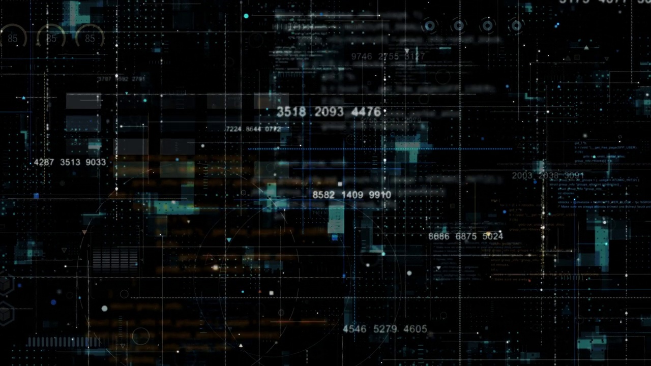 运动图形的蓝色数据矩阵模拟数字线和网格技术与未来的HUD屏幕黑色背景抽象背景的概念视频素材