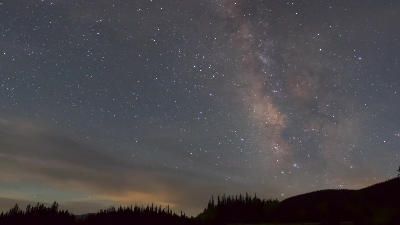 在黎明时分郁郁葱葱的山谷中，星星在头顶移动的时间间隔锁定-克里德，科罗拉多州视频素材