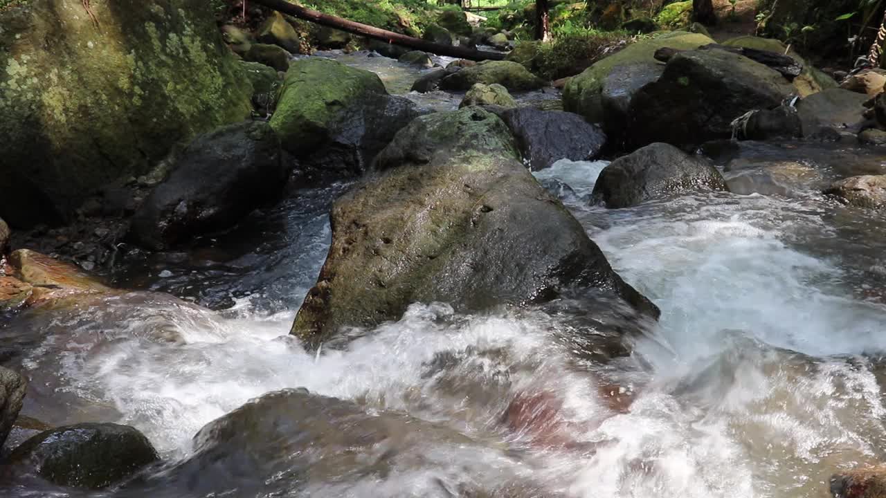 美丽的河流在热带雨林环绕的群山中流淌视频素材