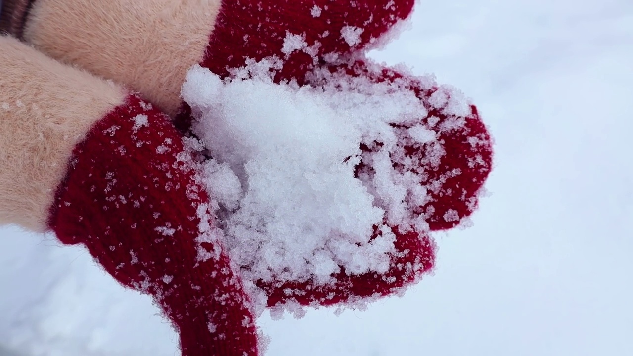 冬天，女人戴着红色针织连指手套，手里拿着雪。近距离看，只有双手，没有人情味的人视频素材