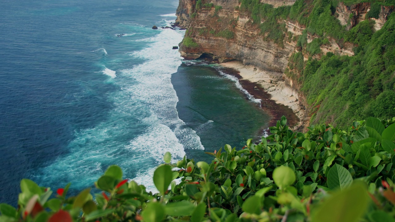 绿色的热带植物，以发泡的海浪为背景。印度尼西亚巴厘岛乌鲁瓦图海滩的岩石海岸。自顶向下的静态视图。视频素材