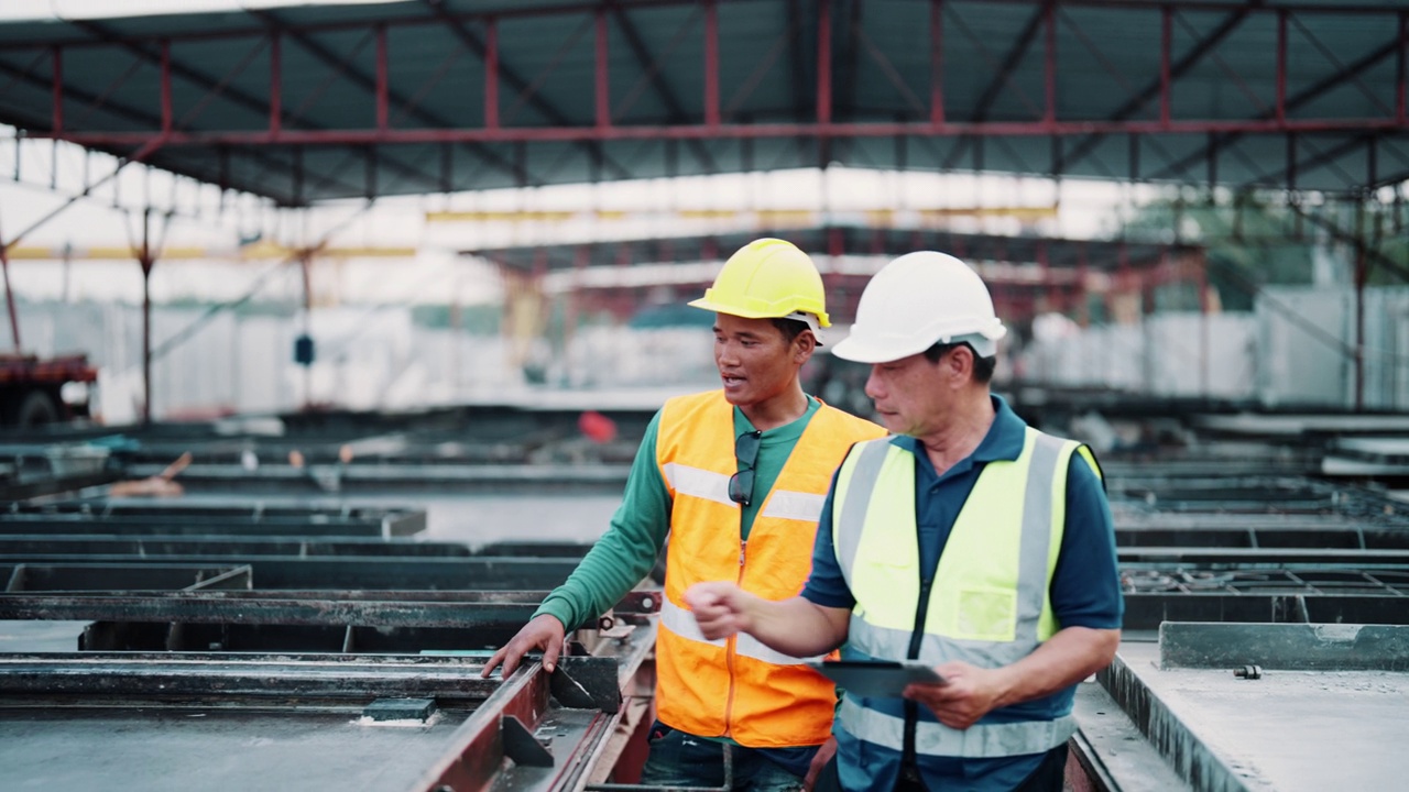 图为，两名亚洲建筑工人正在一起检查建筑物的地基。视频素材