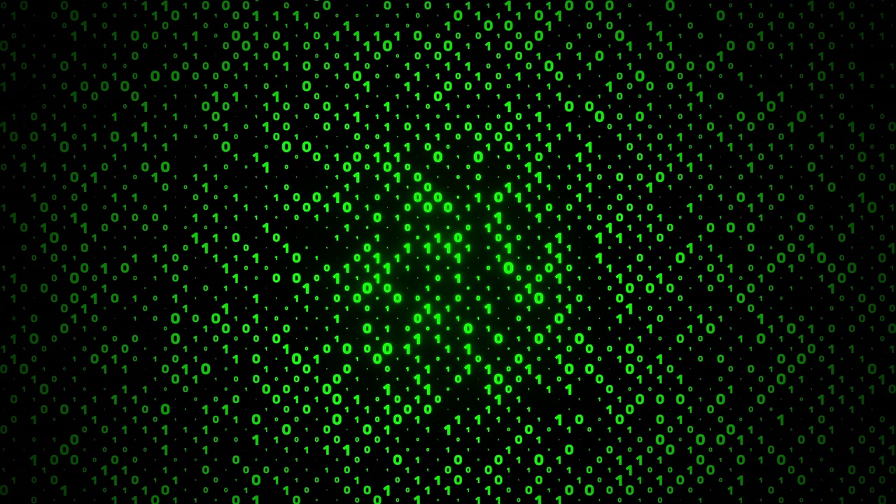 数字矩阵的绿色1和0下降和闪烁。大数据二进制背景概念，计算机技术，信息与网络空间，NFT三维渲染视频素材