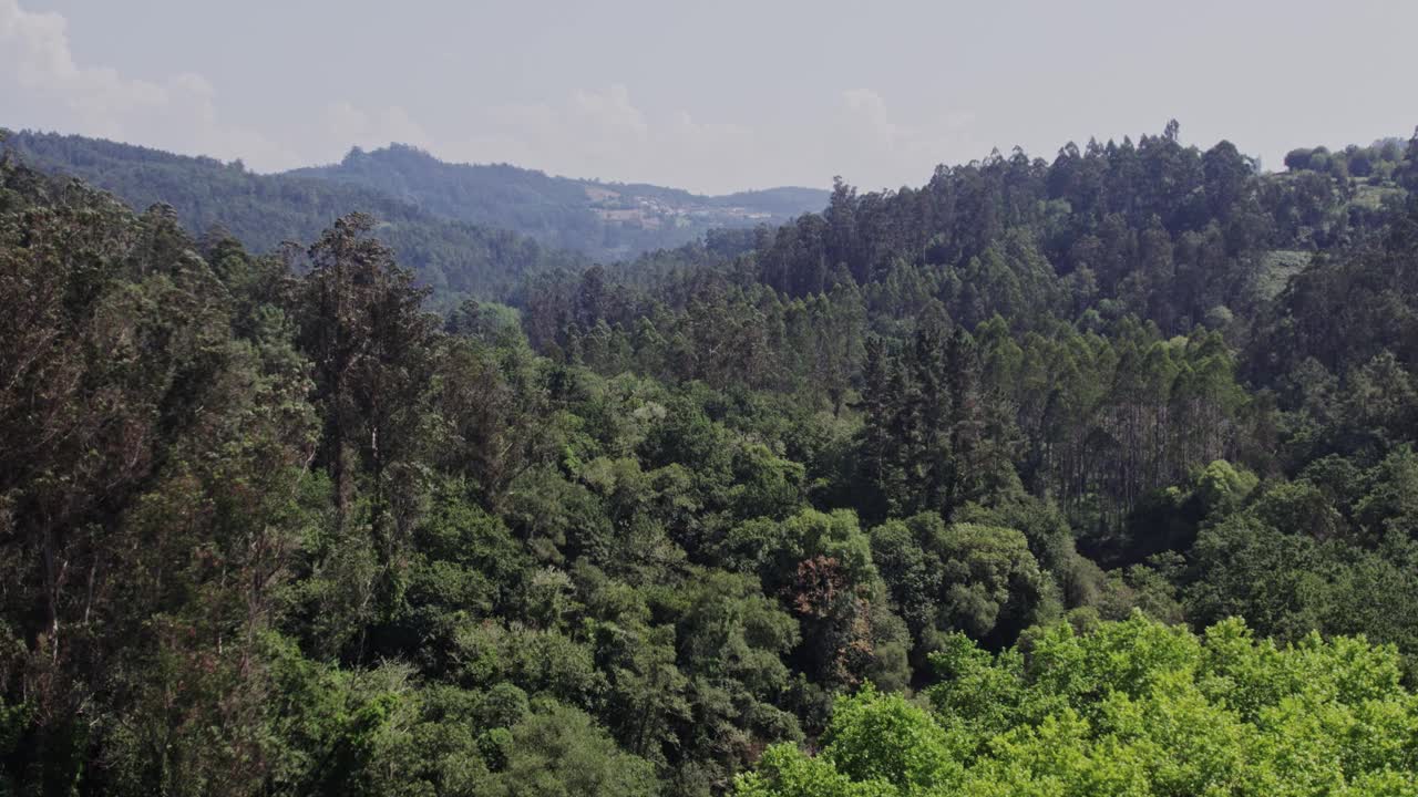 飞过绿树成荫的山顶，俯瞰高山，在晴朗的天气与阴霾。视频素材