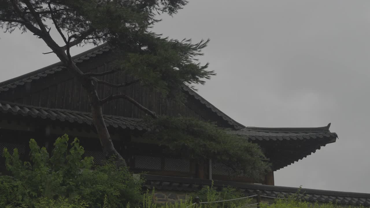 下雨天，韩国京畿道龟溪区龟溪洞的檀青和守护仪式训练中心的屋檐视频素材