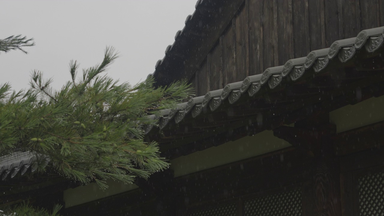 下雨天，韩国京畿道龟溪区龟溪洞的檀青和守护仪式训练中心的屋檐视频素材